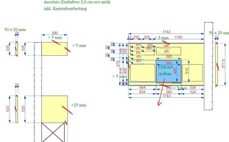 CAD Zeichnung der 3 Arbeitsplatten und 3 Wischleisten aus Granit