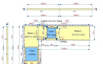 CAD Zeichnung der Schiefer Arbeitsplatten und Wischleisten