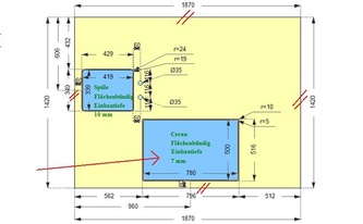 Zeichnung der Arbeitsplatte aus Dekton für die Kücheninsel