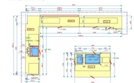 CAD Zeichnung der Küche in L-Form mit Kücheninsel