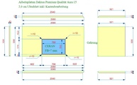 Zeichnung der Dekton Arbeitsplatte mit Ausschnitt, einer Seitenwange und 5 Schürzen