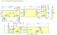 Zeichnung der Dekton Rückwände mit Gehrungen und Steckdosenbohrungen