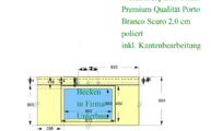 CAD Zeichnung der Granit Waschtischplatte mit Unterbauausschnitt und Bohrungen